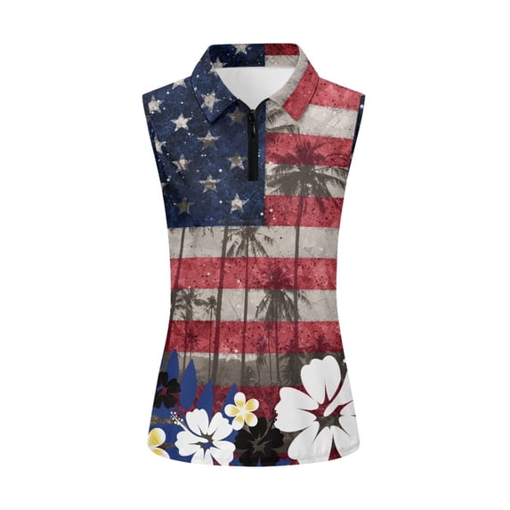 HUIACONG American Floral Pattern Sleeveless Golf Shirts, Breathable Workout Tank Tops for Running Sport, Fashion Comfortable Women Golf Sleeveless Half Zip Top