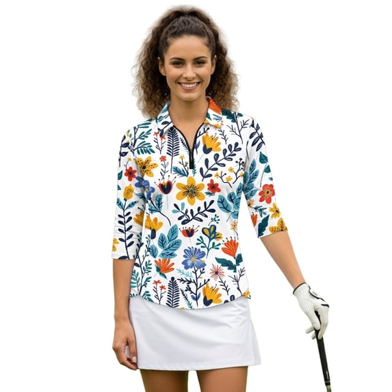 HUIACONG Athletic Golf Polo Shirts for Sports Golf Outdoor Activities, Polyester Spandex Fabric Quick Dry Stylish Women's 3/4 Sleeve Golf Top, Colorful Floral Print