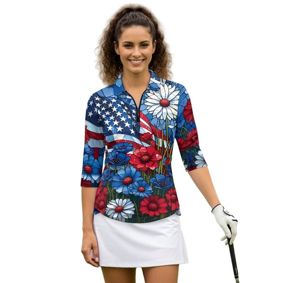 HUIACONG Athletic Polo Shirts for Sports Golf Outdoor Activities, Polyester Spandex Fabric Quick Breathable Women's 3/4 Sleeve Golf Top, American Flag Floral