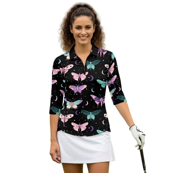 HUIACONG Athletic Polo Shirts with Moth Moon Pattern, Women 3/4 Sleeve Golf Top for Golf, Tennis, Hiking and Casual Daily Wear