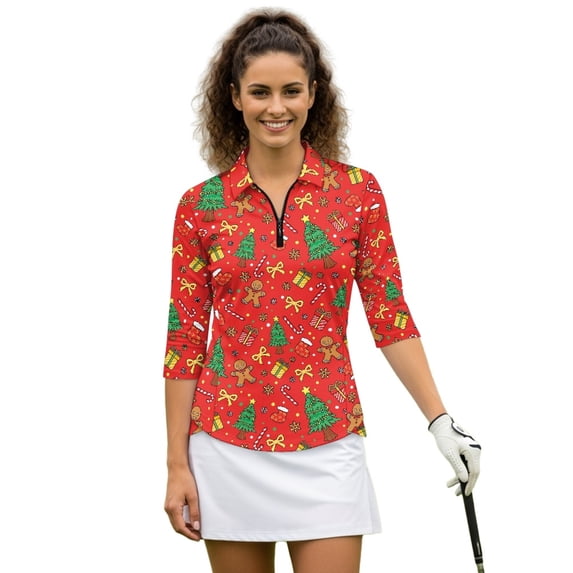 HUIACONG Athletic Tops with Christmas Festive Pattern, Polyester Spandex Women's 3/4 Sleeve Golf Top for Outdoor Golf Activities