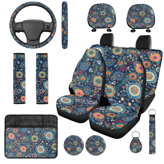HUIACONG Automotive Interior Accessories, with Key Fob Car Armrest Cushion Auto Hand Rest Mat, 14-Piece Floral Mandala Car Accessories Full Set