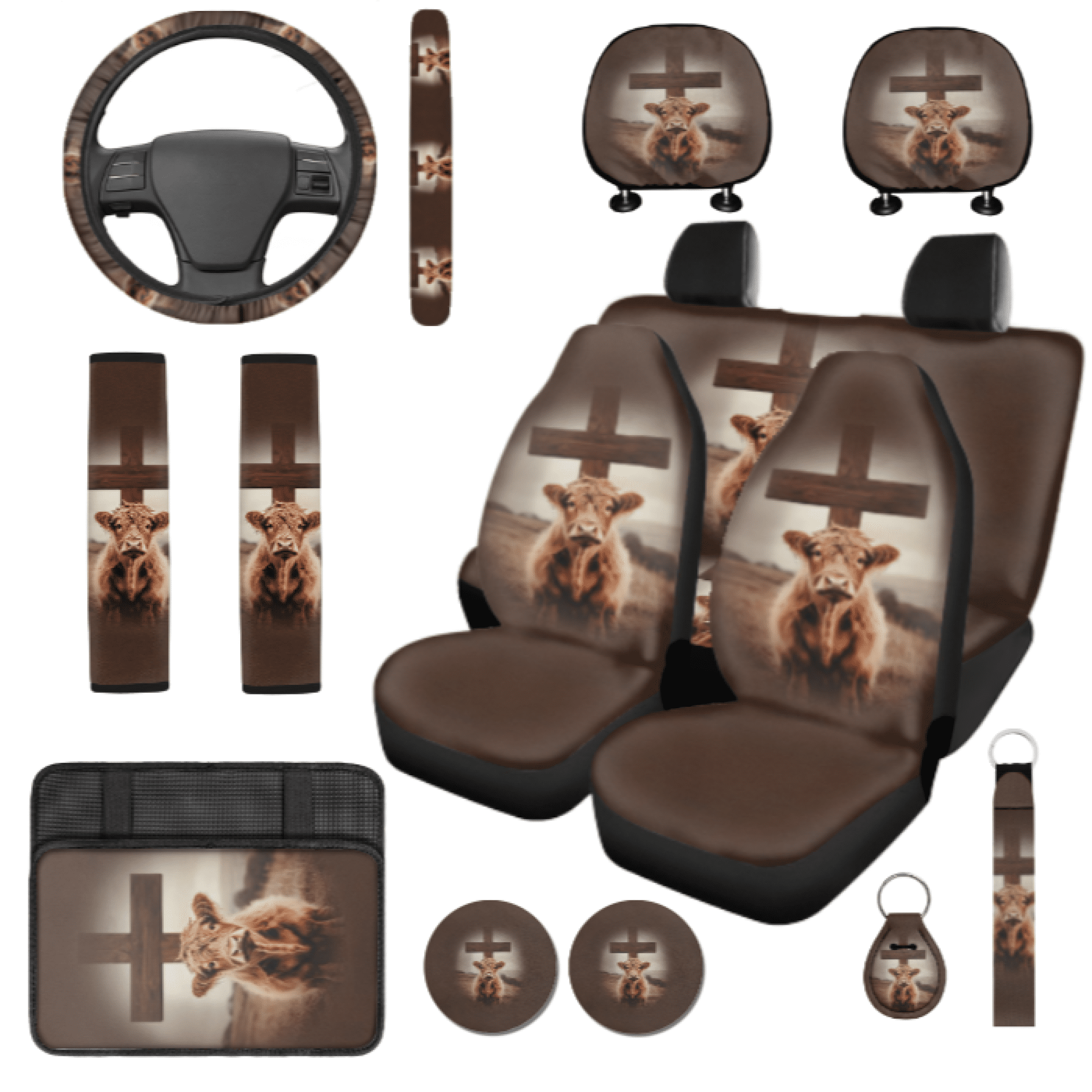 HUIACONG Automotive Interior Accessories, with Key Ring Key Holder Automotive Cup Pad, Calf Wooden Cross Skin Friendly Smooth Car Seat Cover Set
