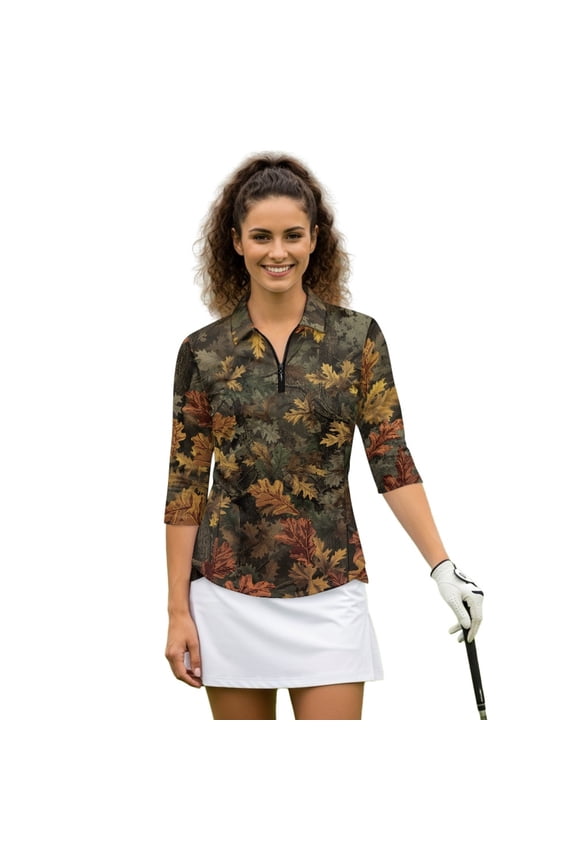 Autumn Leaf Pattern Golf Top Breathable with Quarter Zip Zip Up Collar Women's Golf Polo Shirts for Tennis Sports Outdoor Competitions Outdoor Sports