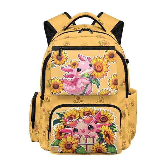 HUIACONG Axolotl Sunflower Backpack for Teens 12-18, 17 Inch Nature Print School Bag, Durable Lightweight Water Resistant Backpack for High School
