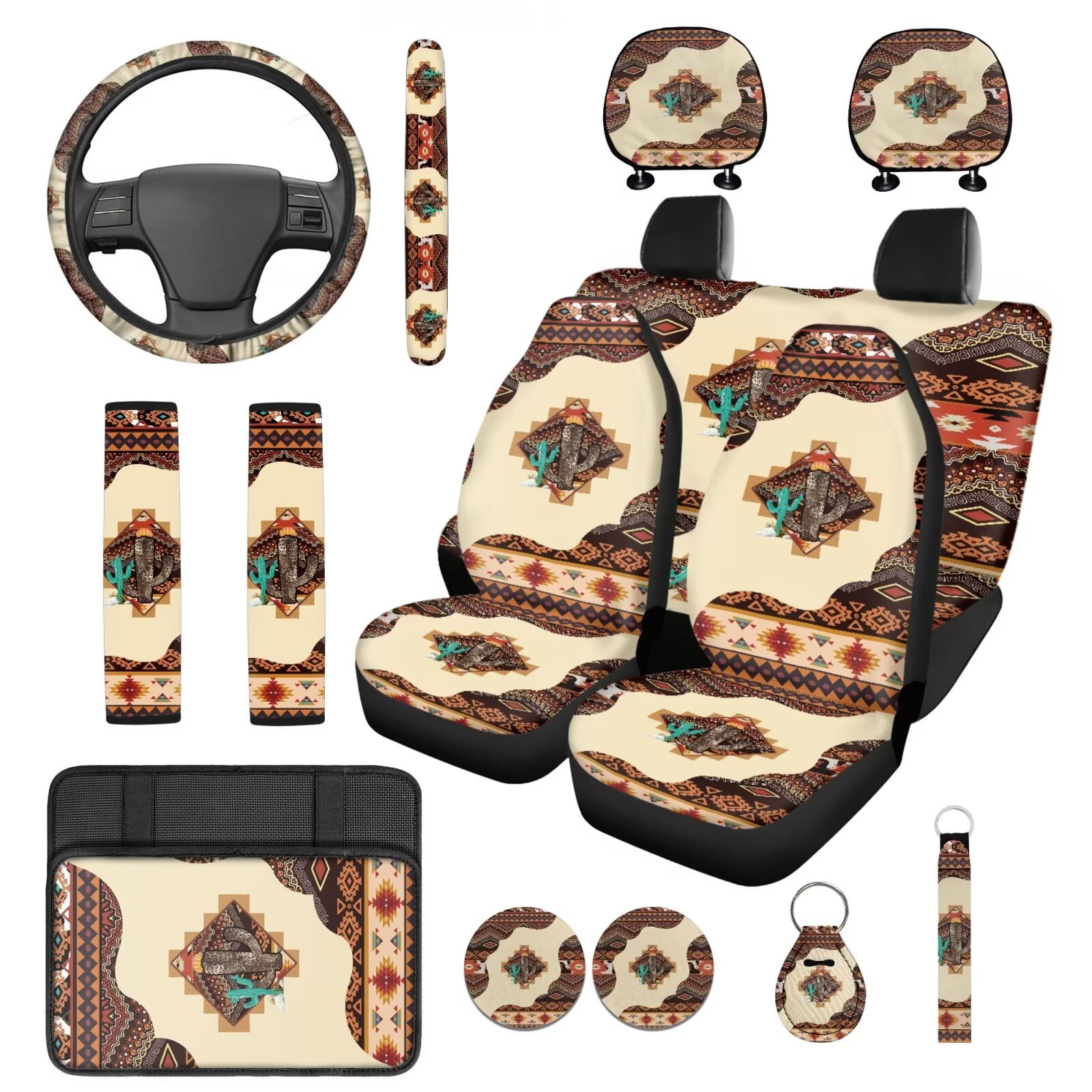 HUIACONG Aztec Car Seat Cover Full Set Brown Native American Tribal Geometric Decor Front and Back Seat Covers with Steering Wheel Cover Armrest Cover Seat Belt Pads Headrest Cover Coasters 14 Pcs