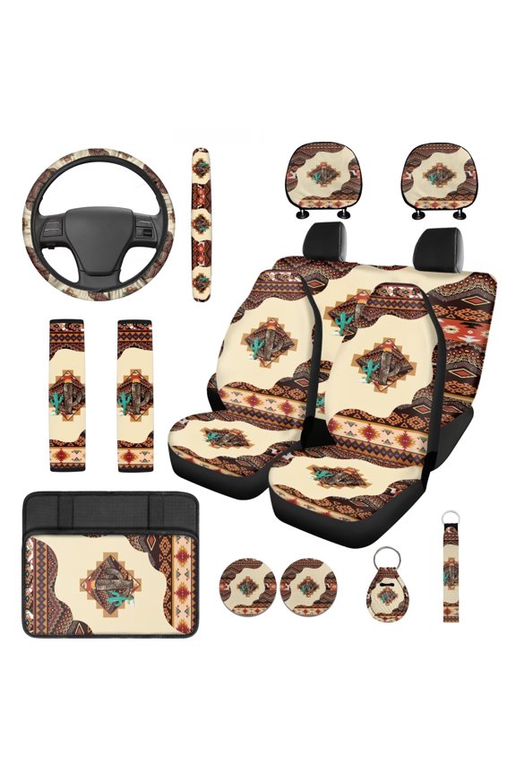Aztec Car Seat Cover Full Set Brown Native American Tribal Geometric Decor Front and Back Seat Covers with Steering Wheel Cover Armrest Cover Seat Belt Pads Headrest Cover Coasters 14 Pcs