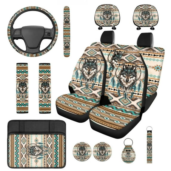 HUIACONG Aztec Car Seat Covers Full Set Dreamcatcher Wolf Car Accessories 14 Pcs - Front and Back Seat Covers with Seatbelt Covers Armrest Cover Steering Wheel Cover Headrest Cover Coaster Keychain