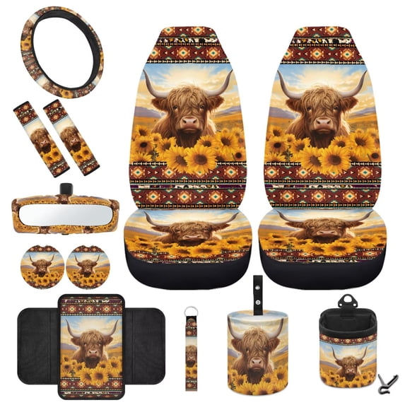 HUIACONG Aztec Cow Car Seat Protector Full Set of 12 Auto Steering Wheel Cover Elastic Durable Seatbelt Shoulder Pad Car Trash Can Car Cup Coasters Car Rear View Mirror Cover for Men Women
