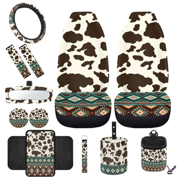 HUIACONG Aztec Cow Print 12 Pack Car Seat Cover Set Fashionable Car Steering Wheel Cover Car Seat Belt Pad Car Garbage Can Car Organizer Car Coasters Soft and Comfortable Easy to Install All Season