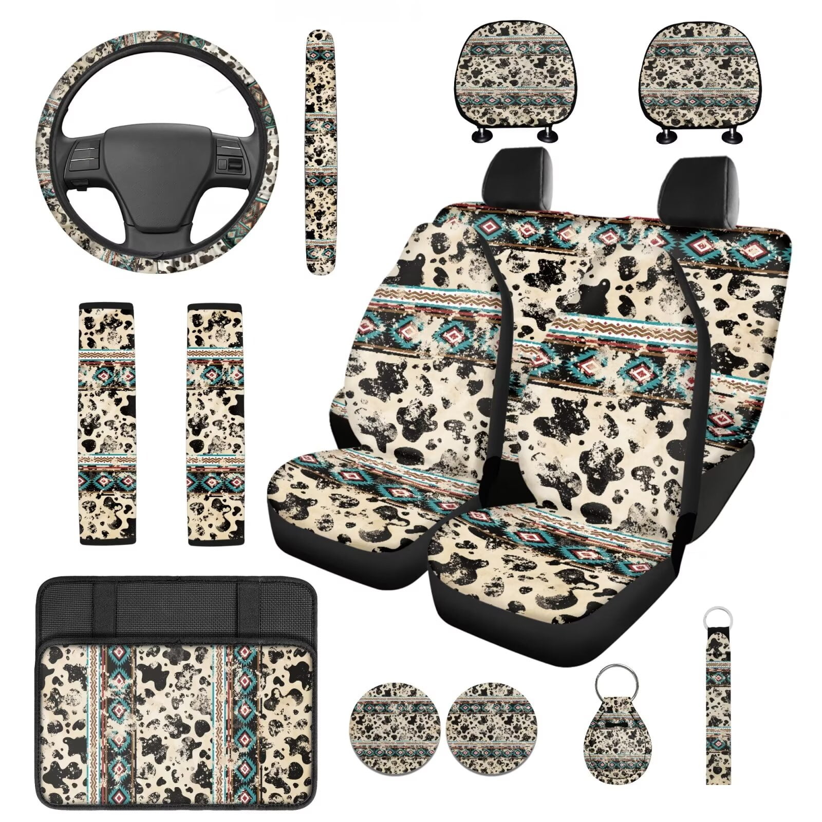 HUIACONG Aztec Cow Print Car Seat Covers Full Set with Steering Wheel Cover Center Console Cover Seat Belt Covers Coasters Headrest Cover Keychain 14 Pcs Universal Fit Most Vehicles SUV Sedan
