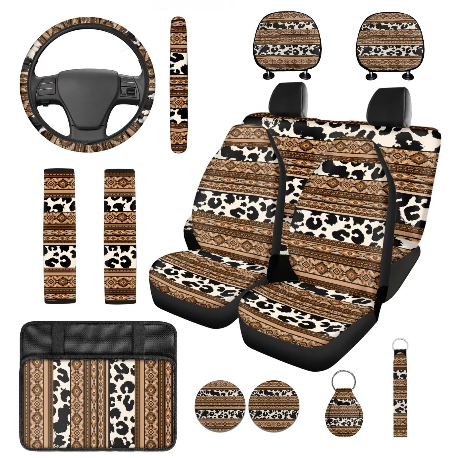 HUIACONG Aztec Cow Print Seat Covers for Cars Full Set with Steering Wheel Cover Armrest Cover Seat Belt Pads Headrest Cover Coasters Keychain 14 Pcs Southwestern Car Accessories Interior