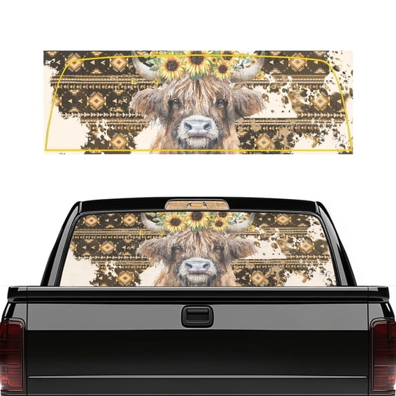 HUIACONG Aztec Highland Cow Pickup Car Window Stickers Rear Window Decals Trucks Truck Rear Windows Perforated Decal Wrap Back Windows Decals Stickers 66 x 22 inch