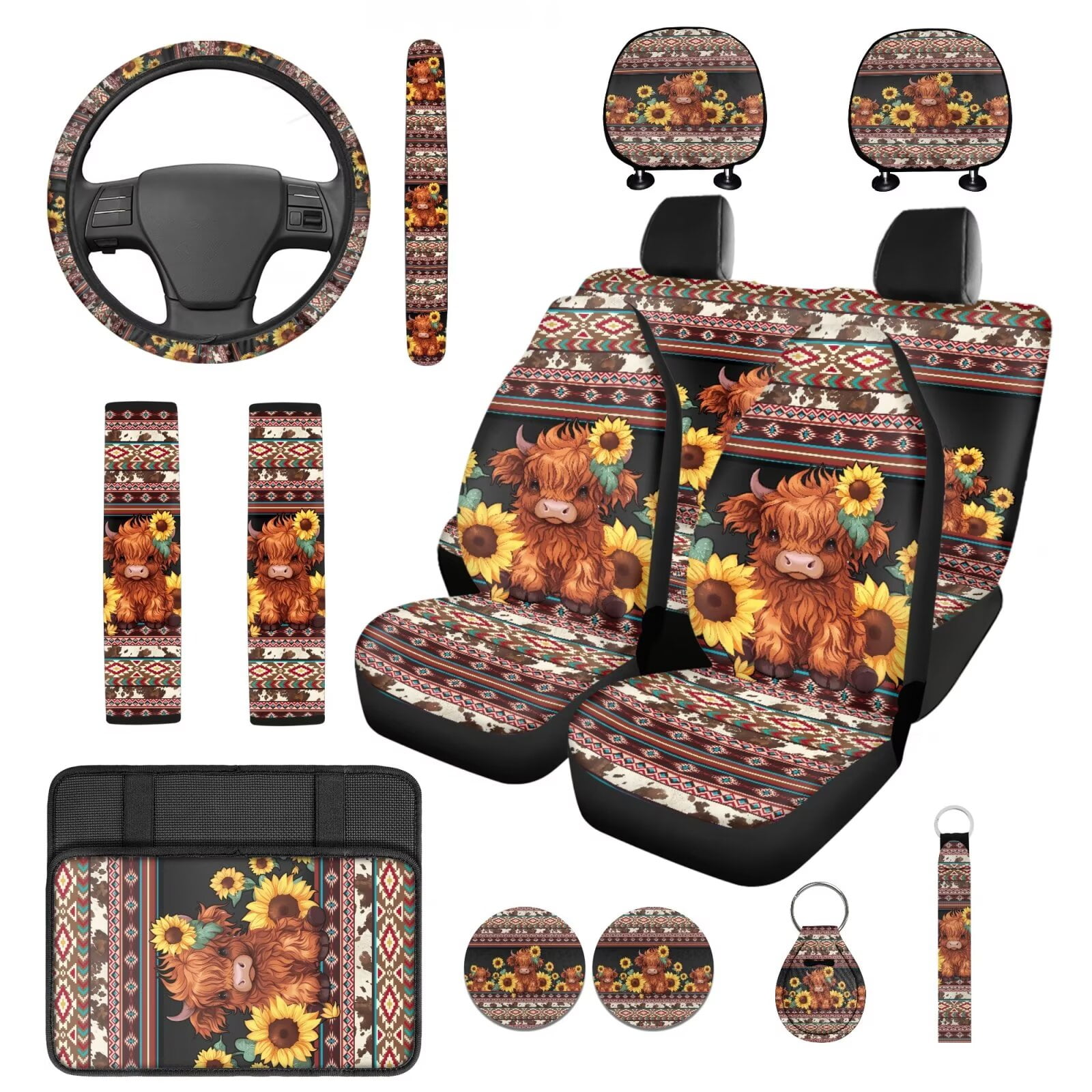 HUIACONG Aztec Highland Cow Sunflower Car Accessories Seat Covers Full Set with Steering Wheel Cover Center Console Cover Seat Belt Pads Coasters Headrest Cover Keychain 14 Pcs Universal Fit