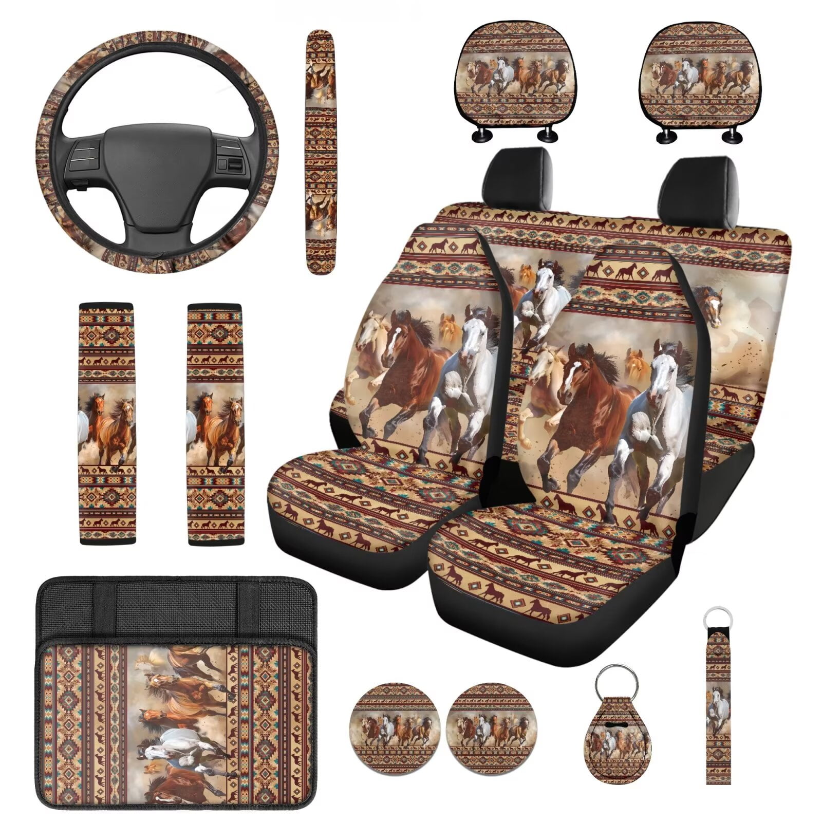 HUIACONG Aztec Horse Seat Covers for Cars Full Set Universal Car Accessories Seat Covers Front and Back with Steering Wheel Cover Armrest Cover Seat Belt Pads Headrest Cover Coasters Keychain