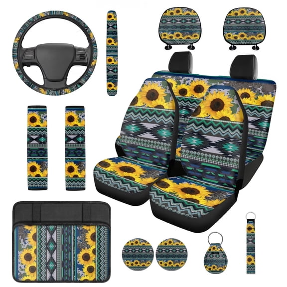 HUIACONG Aztec Sunflower Car Seat Covers Full Set with Steering Wheel Cover Center Console Cover Seat Belt Pads Coasters Headrest Cover Keychain 14 Pcs Universal Car Accessories Interior Green