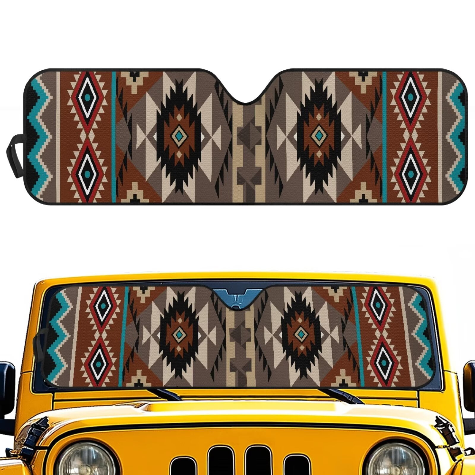 HUIACONG Aztec Tribal Windshield Sun Shade for 2018-2024 Jeep Wrangler JL JLU & Gladiator JT, Sunshades Heat Shield, Aluminum Foil Triple Laminate Structure, Silver Keep Vehicle Cool