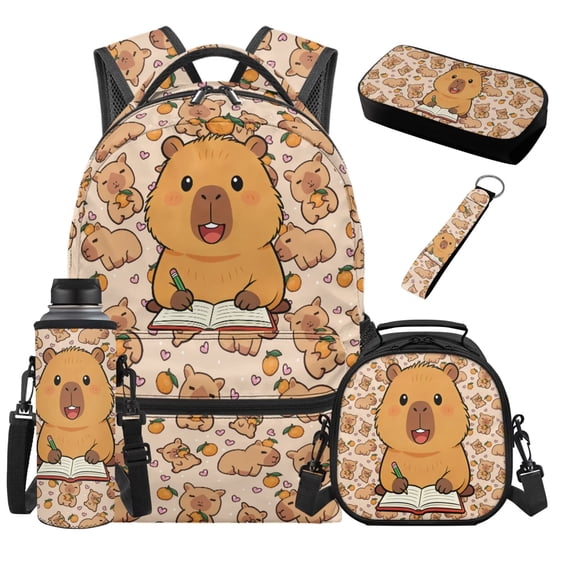 HUIACONG Back to School Cute Writing Capybara Backpack Set, 17 Inch Lightweight Bookbag with Lunch Bag, Perfect for Back to School and Weekend Outings