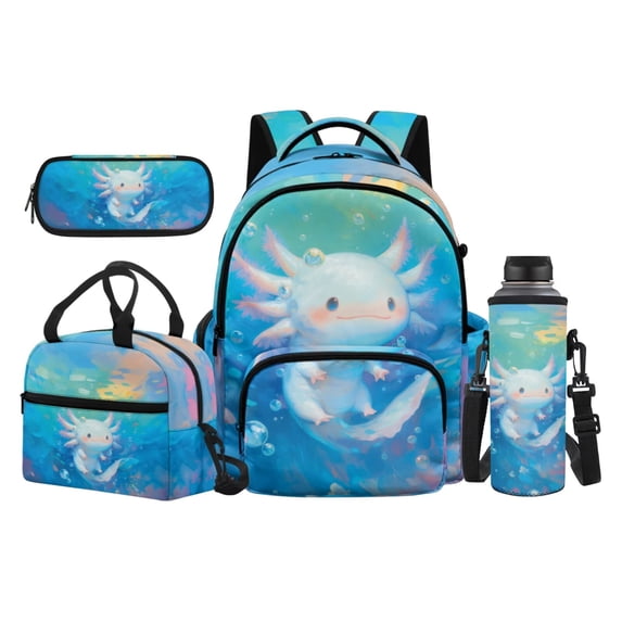 HUIACONG Backpack Set for Students Ocean Paint Axolotl 17 Inch 4-Piece with Lunch Bag, Pencil Case & Water Bottle Holder, Multi-Panel Ventilation, for Ages 9-14, Daily Use