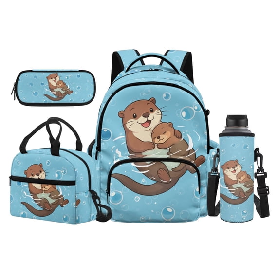 HUIACONG Backpack Set for Students Starfish Sea Otter 17 Inch 4-Piece with Lunch Bag, Pencil Case & Bottle Holder, Reinforced Zippers, for Ages 9-14