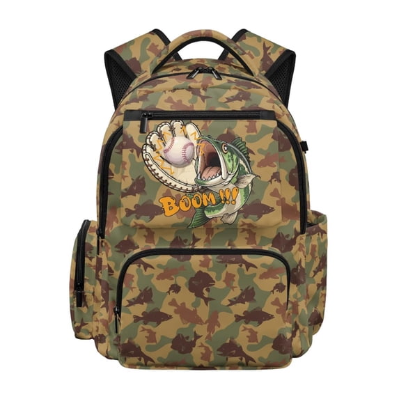 HUIACONG Baseball Glove Bass Camo School Backpack for Boys Girls Ages 6-18 Water Resistant Multi Pocket Padded Adjustable Straps Large Capacity Bookbag for Elementary Middle High School Daily Use