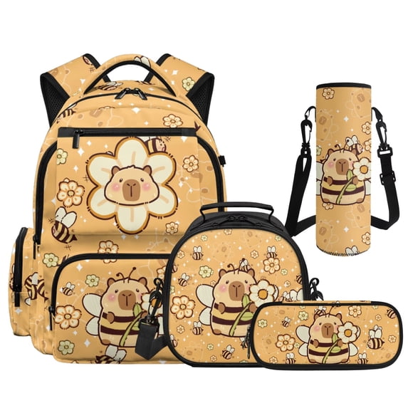 HUIACONG Bee Capybara Universal Kids Backpack Set, 17" School Bookbag 4PCS with Lunch Box for Age 8-14