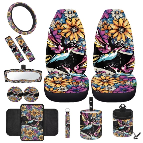 HUIACONG Bird Flower Auto Seat Covers Full Set of 12 Pack Auto Steering Wheel Cover Car Seat Belt Pad Car Trash Bin Car Organizer Rearview Mirror Accessories Car Coasters for Cup Holders Keychain