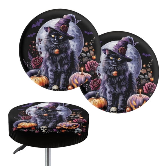 HUIACONG Black Cat Pumpkin Stain Resistant Round Bar Stool Seat Covers, Stretchy Premium Fabric Soft Barstool Covers for Home Rooms Decor