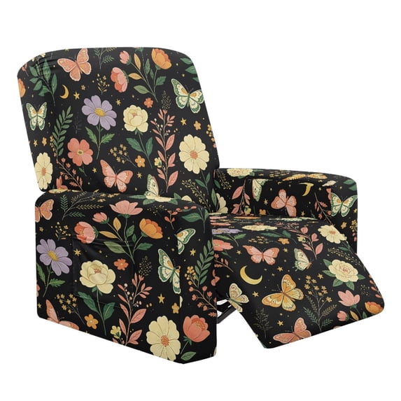 HUIACONG Black Floral Butterfly Print 4-Piece Recliner Slipcovers, Built-in Elastic Bands Soft Breathable Wrinkle Free Fabric, Side Pockets Machine Washable Furniture Protector