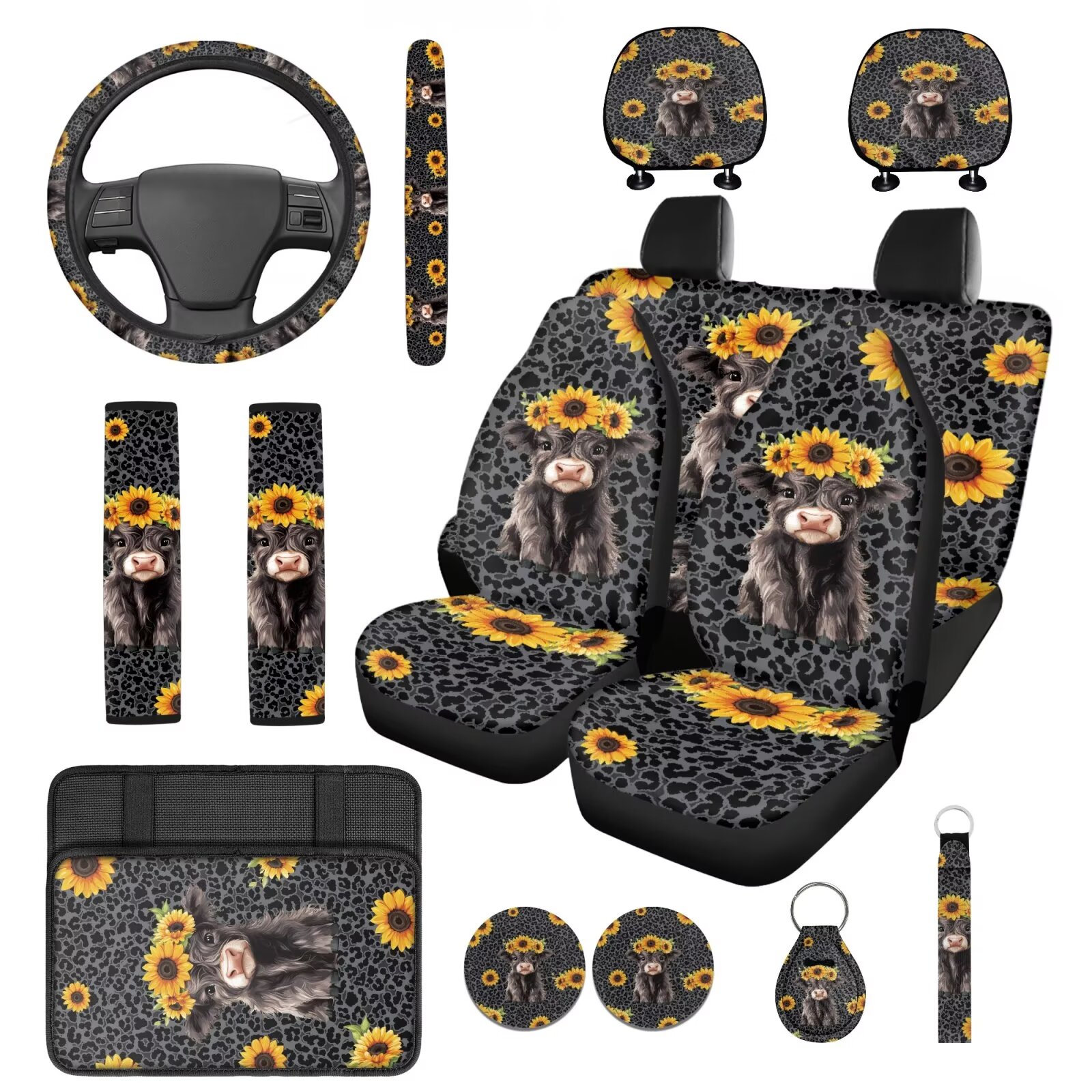 HUIACONG Black Leopard Print Car Seat Covers Full Set Car Accessories Seat Covers with Seat Belt Covers Armrest Cover Steering Wheel Cover Headrest Cover Coaster Keychain 14 Pcs