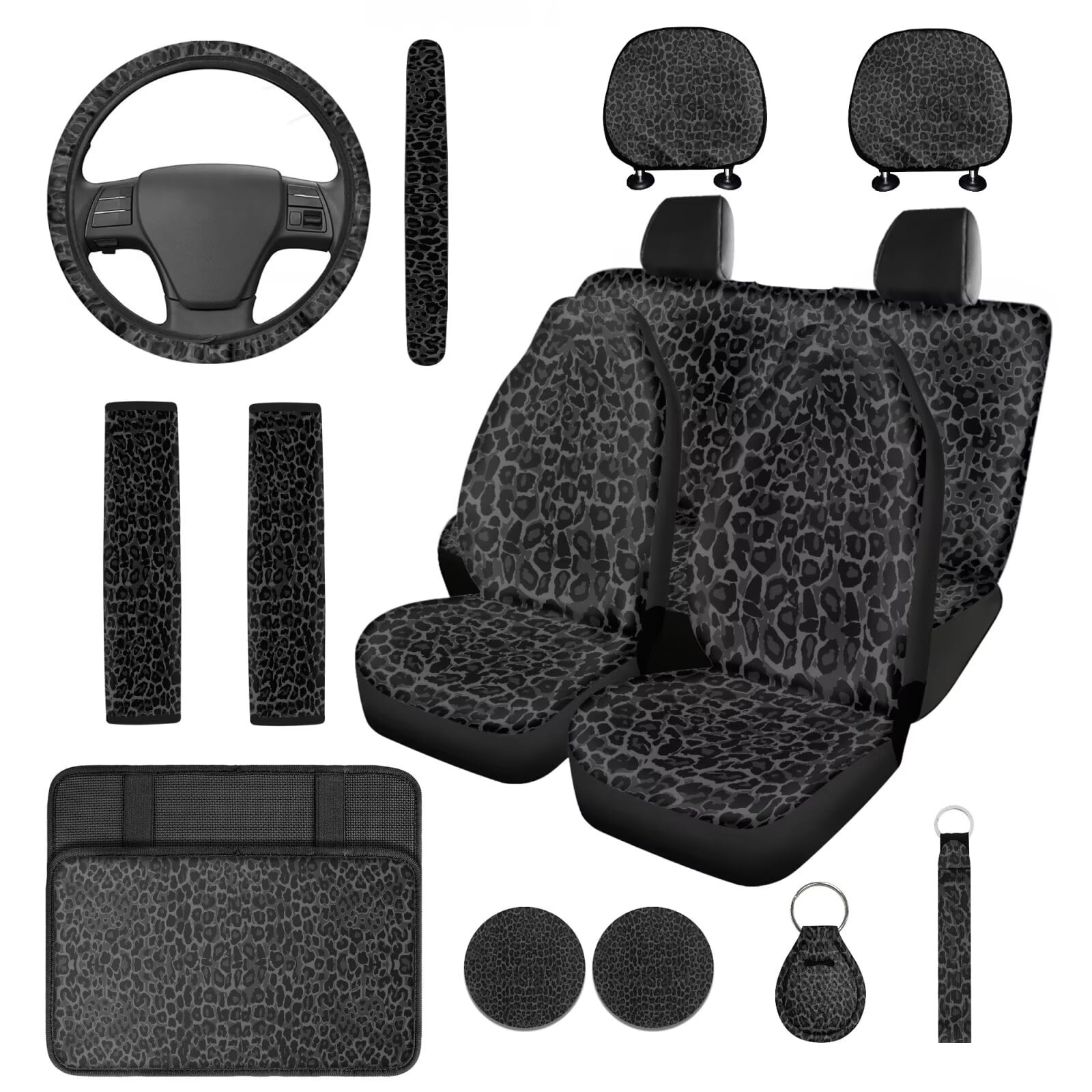 HUIACONG Black Leopard Print Car Seat Covers Full Set for Women Cheetah Print Car Accessories 14 Pcs Including Seat Belt Covers Steering Wheel Cover Armrest Cover Headrest Cover Coasters Keychain