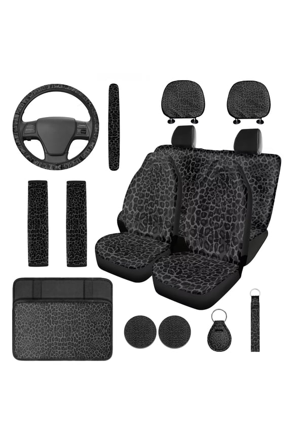 Black Leopard Print Car Seat Covers Full Set for Women Cheetah Print Car Accessories 14 Pcs Including Seat Belt Covers Steering Wheel Cover Armrest Cover Headrest Cover Coasters Keychain