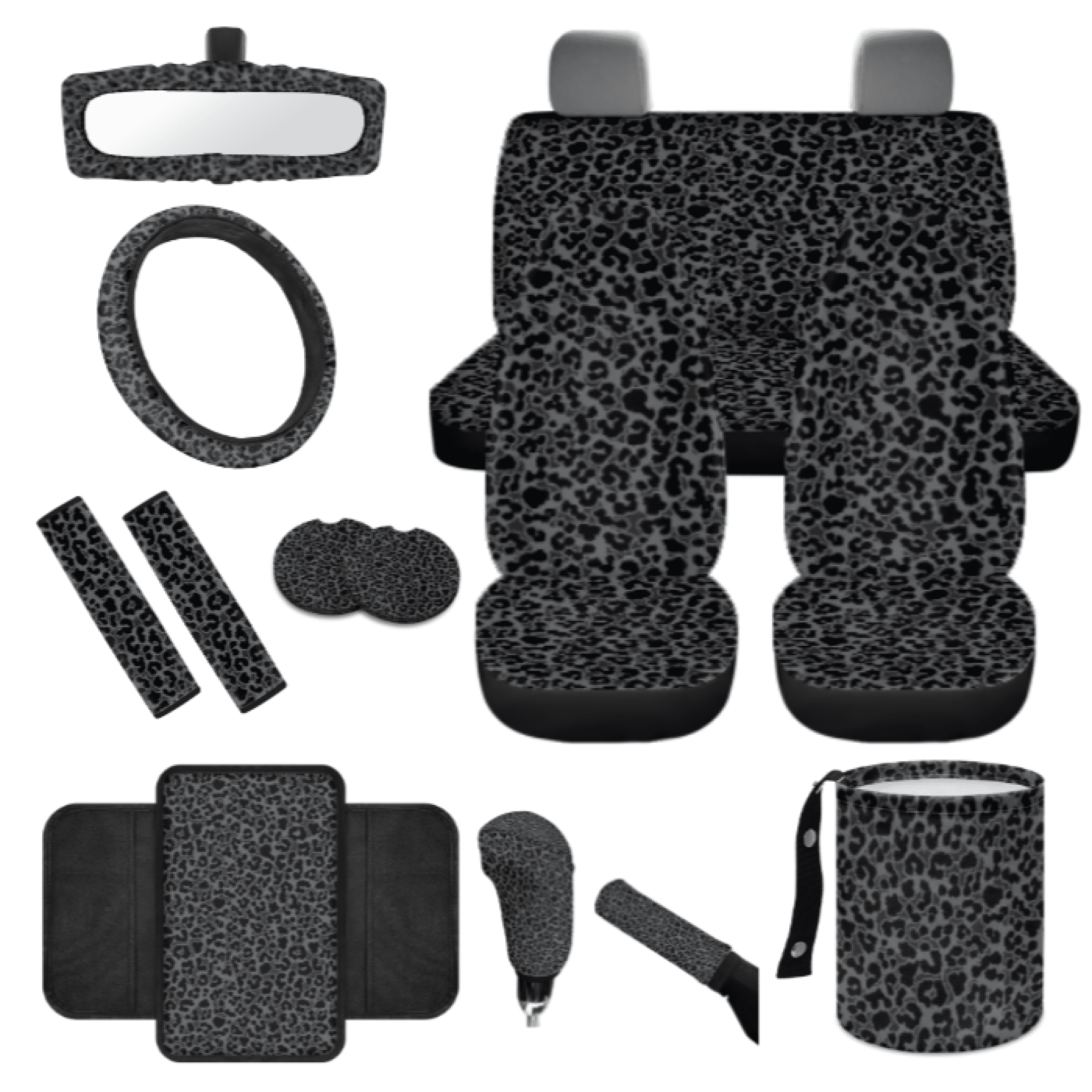 HUIACONG Black Leopard Print Pattern Car Accessories Full Set, with Car Seat Belt Pad Armrest Cushion Car Safety Strap Cover Car Cup Holder Mats