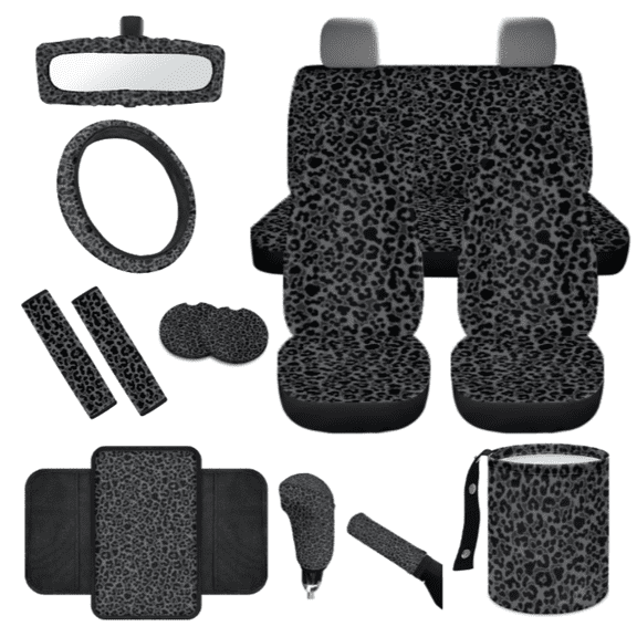 HUIACONG Black Leopard Print Pattern Car Accessories Full Set, with Car Seat Belt Pad Armrest Cushion Car Safety Strap Cover Car Cup Holder Mats