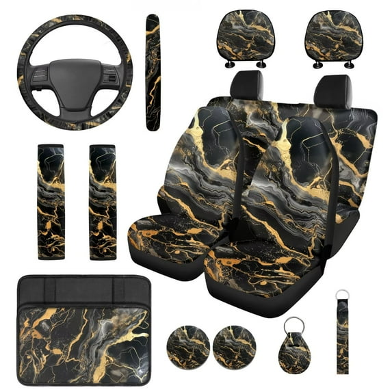 HUIACONG Black Marble Print Car Seat Covers Full Set with Steering Wheel Cover Coasters Center Console Cover Seat Belt Pads Headrest Cover Key Chain 14 Pcs Universal Car Accessories Interior