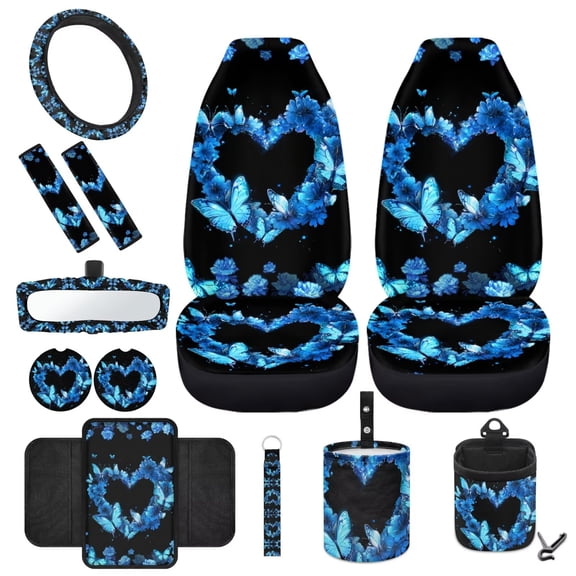HUIACONG Blue Butterfly 12 Pieces Car Seat Cover Car Accessories Protector Automotive Seat Belt Cushion Car Trash Bin Car Rear View Mirror Cover Universal Fit for Cars Trucks and SUVs