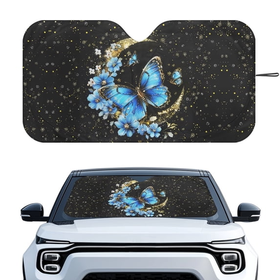 HUIACONG Blue Butterfly Blocks Heat & Sun Car Windshield Sun Shade for Large Vehicles Most Model Vehicles UV Reflective Foldable Automotive Sunshade