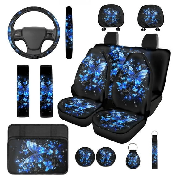 HUIACONG Blue Butterfly Car Seat Cover Full Set for Women 14 Pcs Universal Car Accessories Seat Covers Front and Back with Steering Wheel Cover Armrest Cover Seat Belt Pads Headrest Cover Coasters