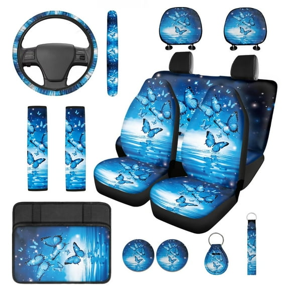 HUIACONG Blue Butterfly Car Seat Covers Full Set with Steering Wheel Cover Seatbelt Cover Arm Rest Cover Headrest Covers Cup Holder Keychain,14 Pcs,Universal Car Accessories Interior