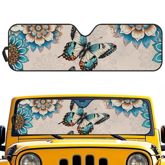HUIACONG Blue Butterfly Sunshade Windshield Car Sun Shade Heat Shield Custom-fit Sunshade Sun Visor Mat for 1997-2017 Jeep Wrangler Rubicon Sahara TJ JK JKU 2/4 Doors