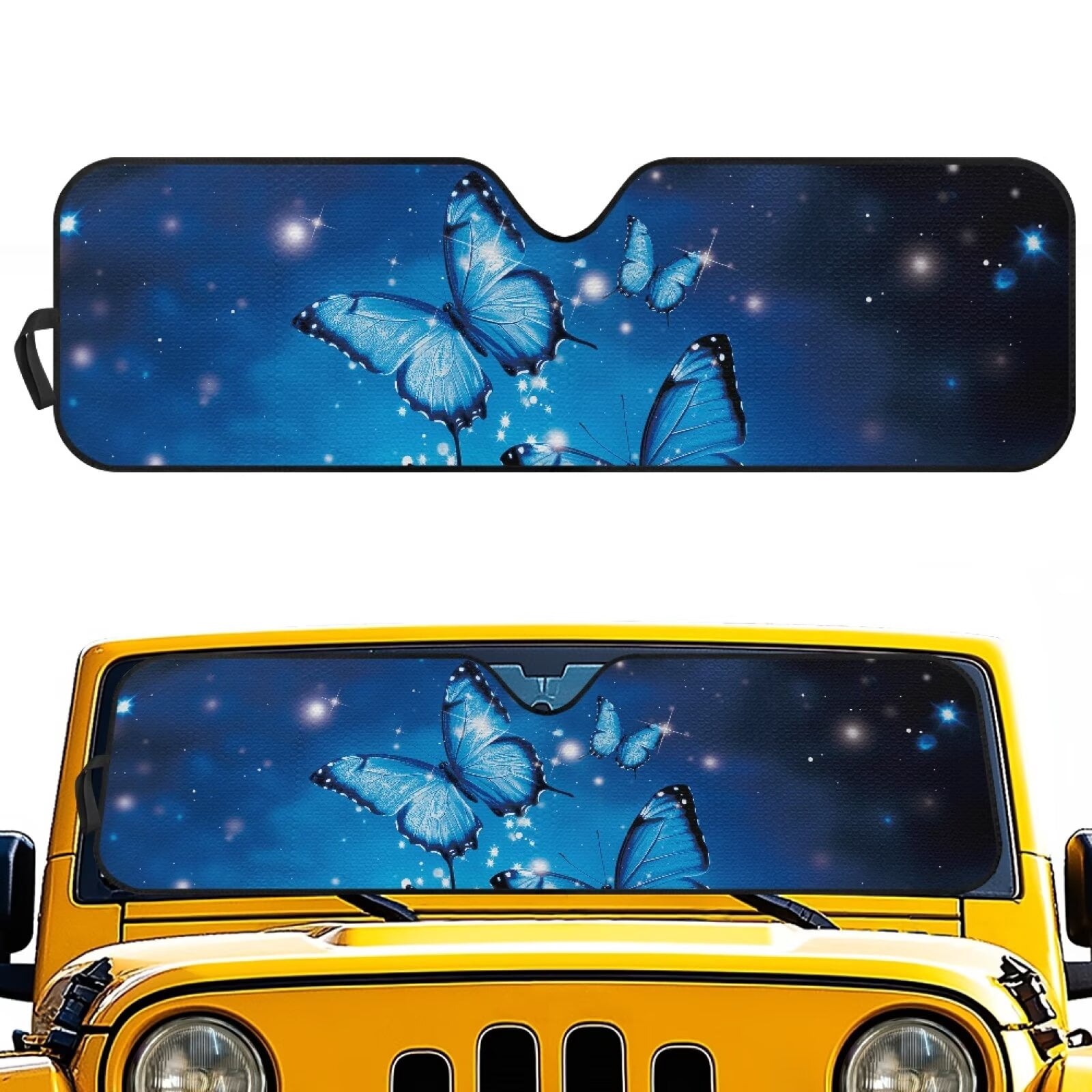 HUIACONG Blue Butterfly Sunshade Windshield Car Sun Shade Heat Shield Sunshade Sun Visor Mat for 1997-2017 Jeep Wrangler Rubicon Sahara TJ JK JKU 2/4 Doors