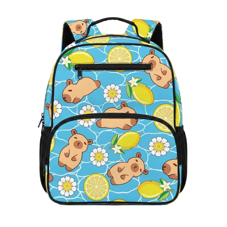 13 inch backpack kids Huiacong Blue Capybara Lemon Kids School Backpack 13.5 Inch Water Resistant Wear Resistant Bookbag with Adjustable Padded Straps Multi Pockets Large