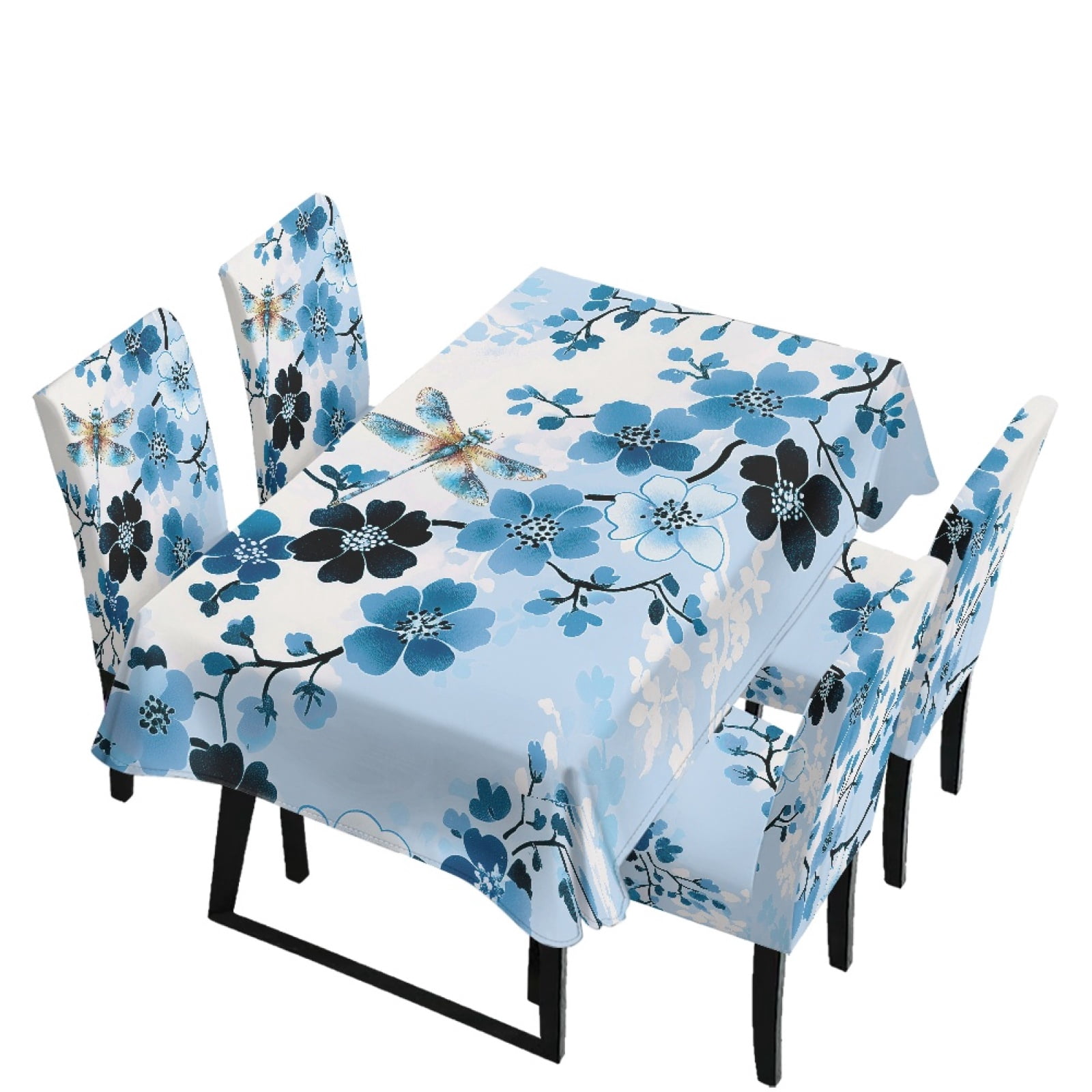 Wrinkle Part HUIACONG Blue Floral Dragonfly Print Rectangle Tablecloth and Chair ...