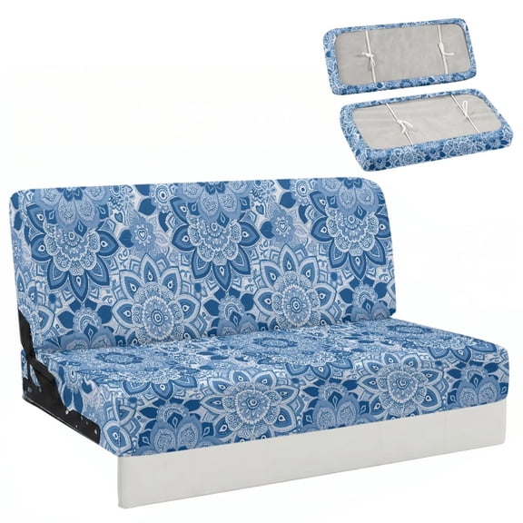 HUIACONG Blue Mandala Floral 2-Piece RV Jackknife Sofa Covers, Soft Polyester Spandex Blend, Water Resistant, Anti-Slip Straps, Fade Resistant, Pet Friendly, Machine Washable