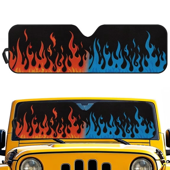 HUIACONG Blue and Red Flame Sun Shade Windshield for 2007-2023 Wrangler Rubicon Sahara TJ JK JKU 2 & 4 Door-Blocks UV Rays Sun Visor Protector,Car Sun Shade Keep Your Vehicle Cool,Car Window Shade