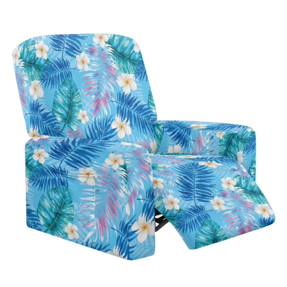 HUIACONG Blue Tropical Plumeria Palm Leaf Print 4-Piece Recliner Slipcovers, Side Pocket Breathable Stretchy Wrinkle Free Fabric, Machine Washable Easy Setup Furniture Protector
