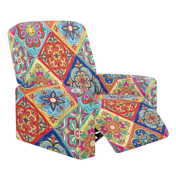 HUIACONG Bohemian Floral Tile Print 4-Piece Recliner Chair Slipcovers, Soft Breathable Stretchy Fabric with Side Pockets, Wrinkle Free Machine Washable Non-Slip Furniture Protector