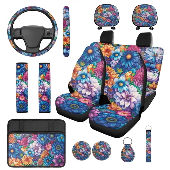 HUIACONG Boho Floral Car Seat Covers Full Set for Women Universal Car Accessories 14 Pcs Including Steering Wheel Cover Seatbelt Covers Armrest Cover Coasters Headrest Cover Keychain Universal Fit