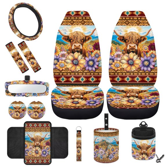 HUIACONG Boho Flower Car Seat Cover Set of 12 Fashionable Steering Wheel Protector Seat Belt Pad Trash Can Easy to Install Car Rear View Mirror Cover Cup Coasters Key Chains Highland Cow