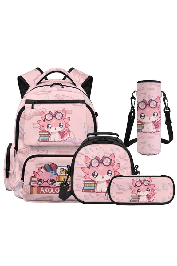 Book Nerd Axolotl Girls Backpack 4PCS Set with Lunch Box, 17" Cute School Bag Water Bottle Sleeve for Age 7-12